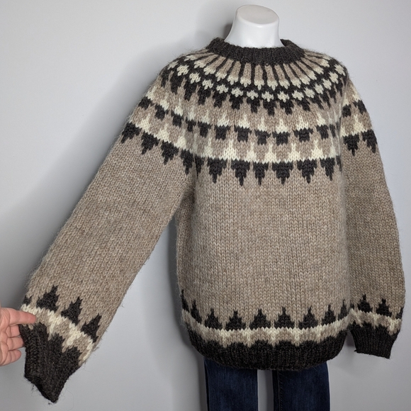 Vintage Thorvaldsens Bazar Icelandic Tan Cream Brown Wool Sweater L - Picture 5 of 8